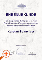 Document of the Chamber of Skilled Crafts Potsdam for long-standing Commitment in Examination Board for CNC Experts